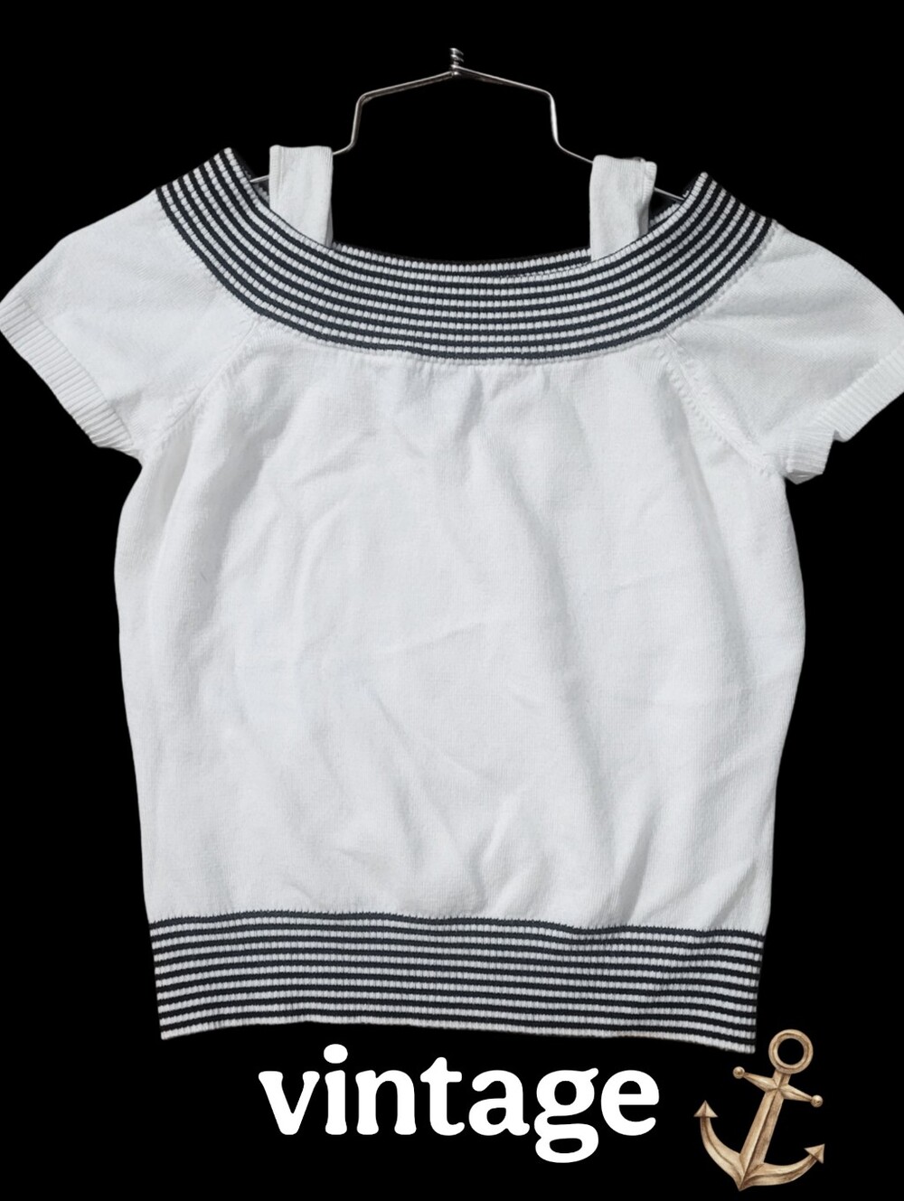 Vintage Off Shoulder Pinup Knit Crop top W/ Black Stripes